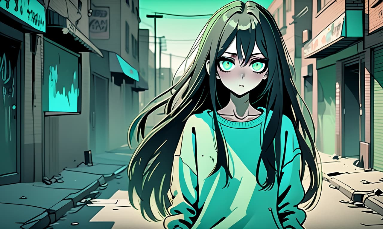  grunge style a girl in anime style with long black hair stands on an empty street dressed in a sweater of warm pastel green color and pants. the girl looks into the darkness with black lower eyelids under the eyes full of fear of the unknown and curiosity, and the bright turquoise eyes themselves stand out against the background of everything. the image uses warm and bed tones . textured, distressed, vintage, edgy, punk rock vibe, dirty, noisy