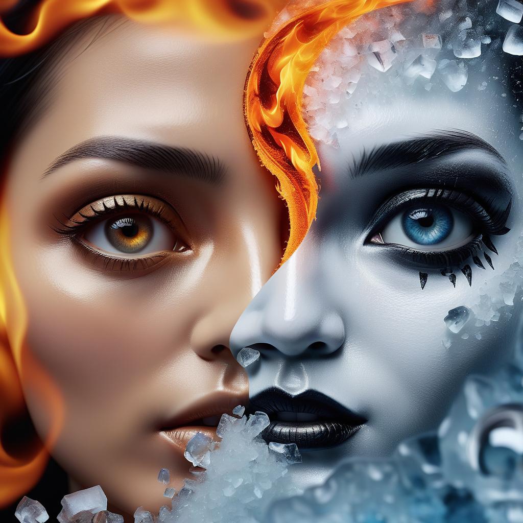  cinematic photo masterpiece, oil painting, yin and yang, ice and flame, two halves of the face one of ice, the other of fire, at the bottom of the text in large letters "yin and yang", close up, high detail, high resolution, detailed skin, detailed eyes, detailed background, deep sharpness, dynamic pose, hyperrealism, lots of small details, perfect composition and perspective.a full length figure, half a woman's body, half a man's. . 35mm photograph, film, bokeh, professional, 4k, highly detailed, sticker