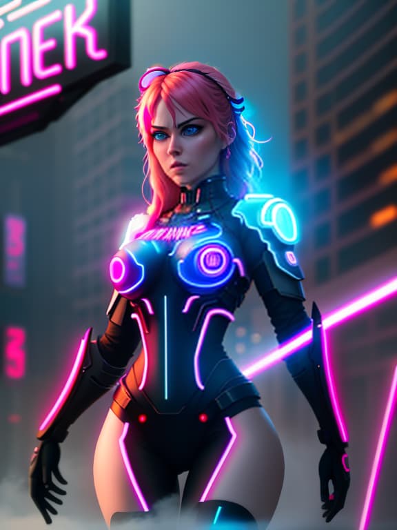  A character for the book, a girl with rosy hair and bright blue eyes, a fighter against corporations, serious and persistent, events take place in the future, in HD quality and without captions on pictures., ((Cinematic lighting)), (glowing), ((dramatic lighting)), ((beautiful detailed glow)), intricate detail, lens flare, backlighting, (neon lights:1.6) hyperrealistic, full body, detailed clothing, highly detailed, cinematic lighting, stunningly beautiful, intricate, sharp focus, f/1. 8, 85mm, (centered image composition), (professionally color graded), ((bright soft diffused light)), volumetric fog, trending on instagram, trending on tumblr, HDR 4K, 8K