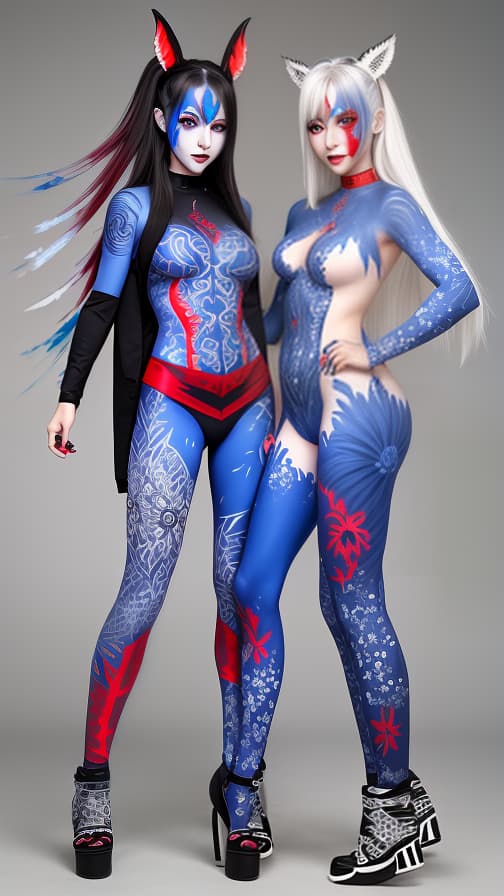  Blue and red flame pattern body paint in every corner of the whole body,Grey body paint full body, White flame pattern face paint on the face, two dark elf, full body image 女性