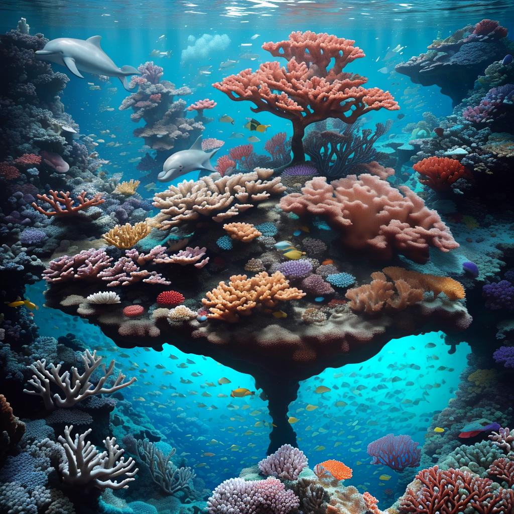  masterpiece, best quality, most beautiful in deep sea teeming with vibrant corals, diverse marine life, and enchanting underwater landscapes, full of corals, acrophore, small fishes, anemones, dolphin, various algaes, caves, colorful,all captured in stunning 8k resolution with intricate details.