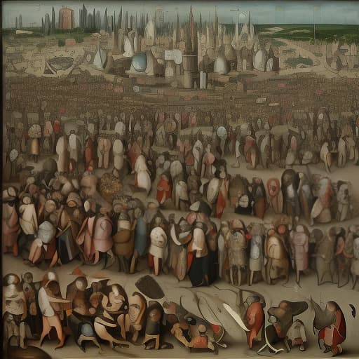  a lot of people in a modern city, people close up, bosch or bruegel style