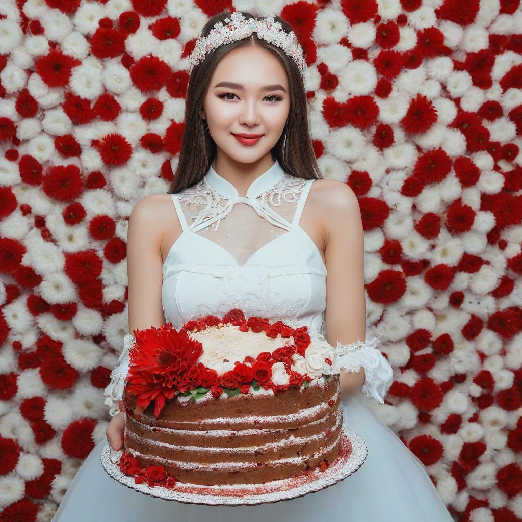  a beautiful girl of kazakh appearance holds a huge beautiful cake in red and white flowers