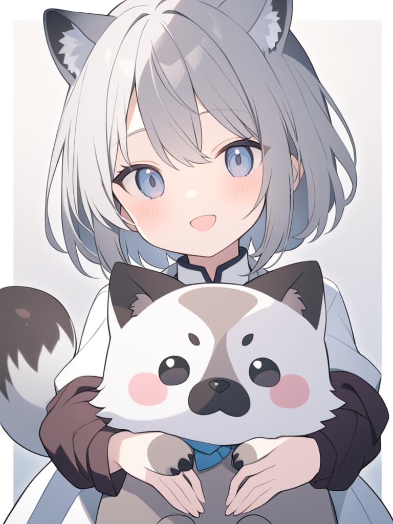  a big cute raccoon dog stuffed animal((a little boy holding a stuffed animal)),a happy little boy(((a little boy holding a cute raccoon dog stuffed animal bigger than him))),