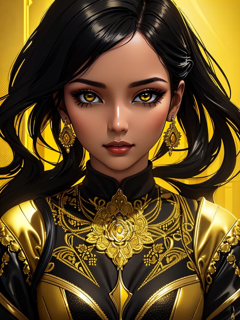  Golden yellow and sleek black color palette, captivating and inviting expression, exuding elegance and charm, magnetic beauty, intricate details, high contrast, luxurious feel, digital art, female, glossy finish, striking composition, dynamic lighting to enhance features.