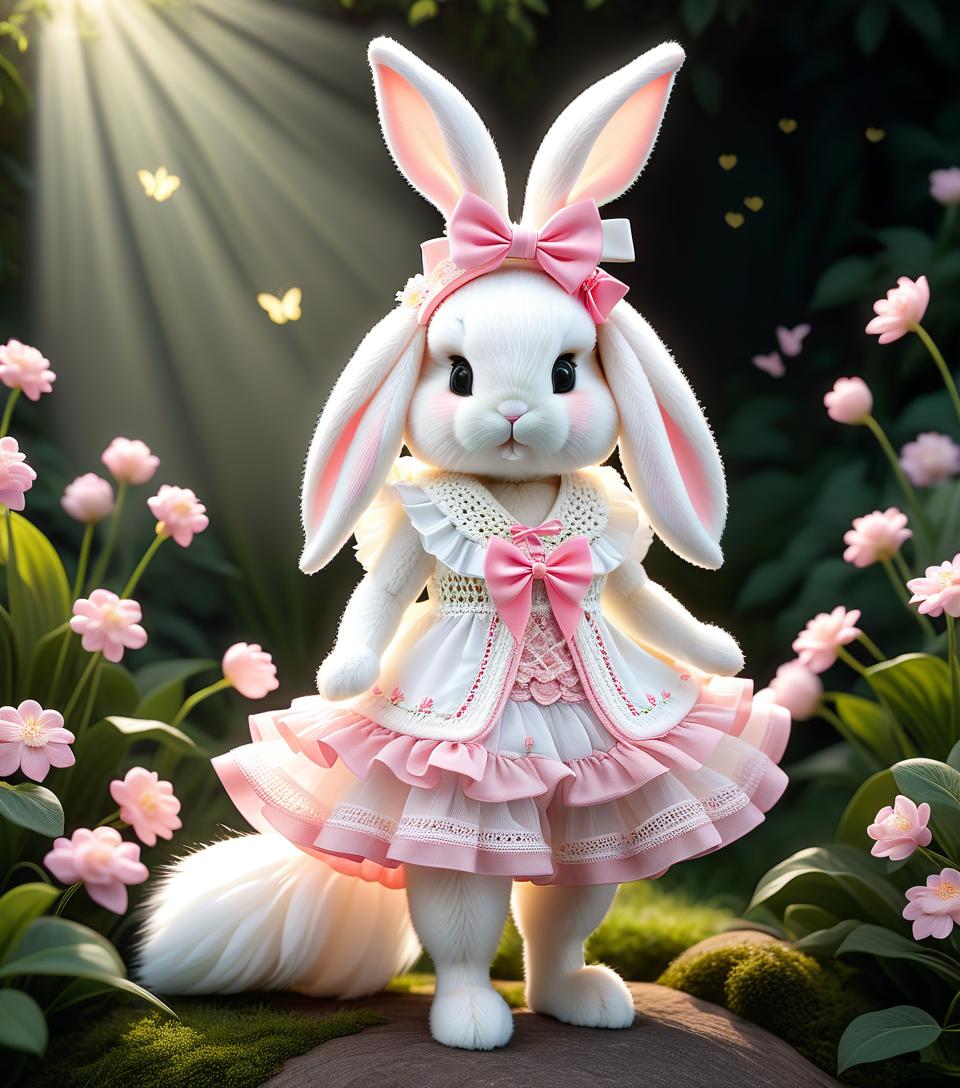  art nouveau style a very cute white and pink fluffy bunny, cute cute, with long fluffy floppy ears, with a fashionable elegant crochet headband with a bow, and decorations, standing on two legs, in a crocheted white and pink jumpsuit with ruffles, tulle ruffles, with draperies, with ruffled tulle, with a bow, a peplum, very detailed, dressed in beautiful crocheted shoes with a bow, flying fireflies and neon hearts, glare of light, radiance, fabulously beautiful, tenderness, love, aesthetics, best quality: 1.3, for maximum detail and clarity, professional photo, fotorealism, high resolution, high detail , iso 3200, f/2.8, 16k, uhd, 1/8000sec, 30mm lens, bright light . elegant, decorative, curvilinear forms, nature inspired, ornate, detailed, hyperrealistic, full body, detailed clothing, highly detailed, cinematic lighting, stunningly beautiful, intricate, sharp focus, f/1. 8, 85mm, (centered image composition), (professionally color graded), ((bright soft diffused light)), volumetric fog, trending on instagram, trending on tumblr, HDR 4K, 8K