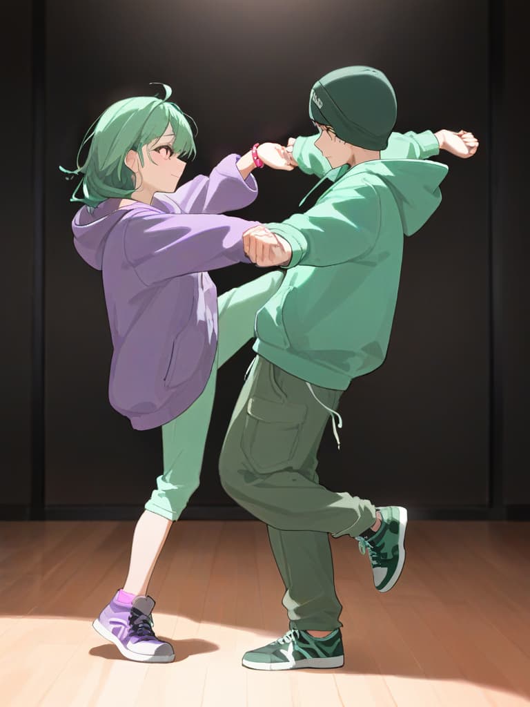  (pastel dark green mint green color palette:1.3),(pastel dark green hoodie with purple line print:1.4),(mint green cargo pants:1.2),purple dark green sneakers,(dark green purple line cap:1.1),(white and pink fl bracelet:1.1),(rehearsal studio),(breaking dancing:1.5)