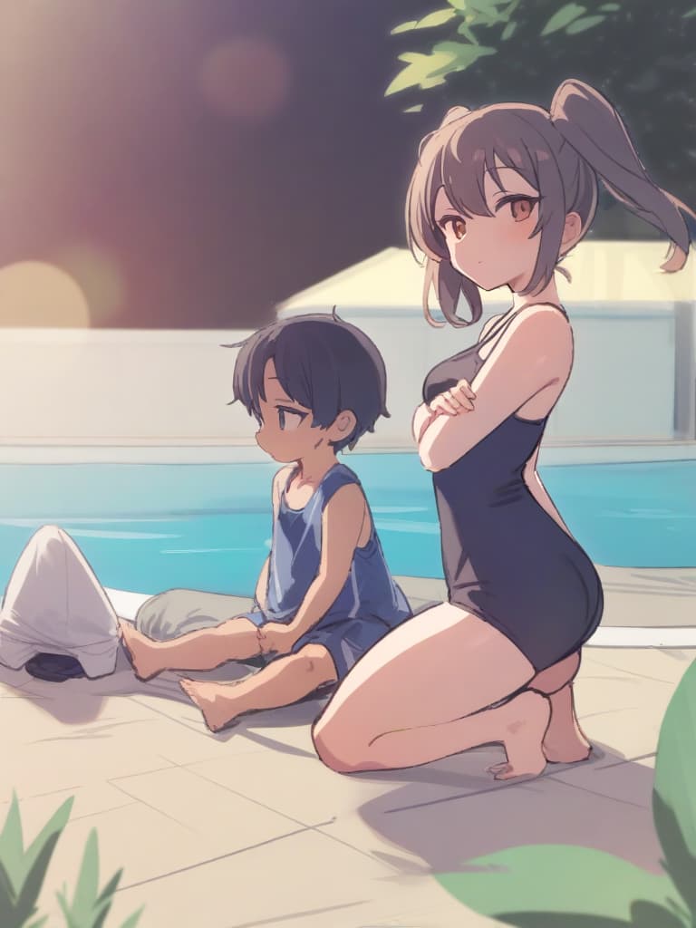  women's elementary students (male), twin tails, cute smiles, rich s, low stature, dark blue swimwear, old swimwear, , simple, , (bulge), male (bulging), front, whole body, pool side,