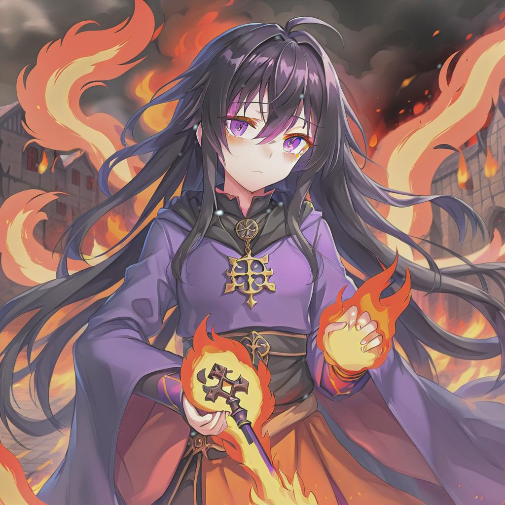  anime artwork covered with fire, purple skin, black long hair, orange eyes, medieval clothes . anime style, key visual, vint, studio anime, highly detailed