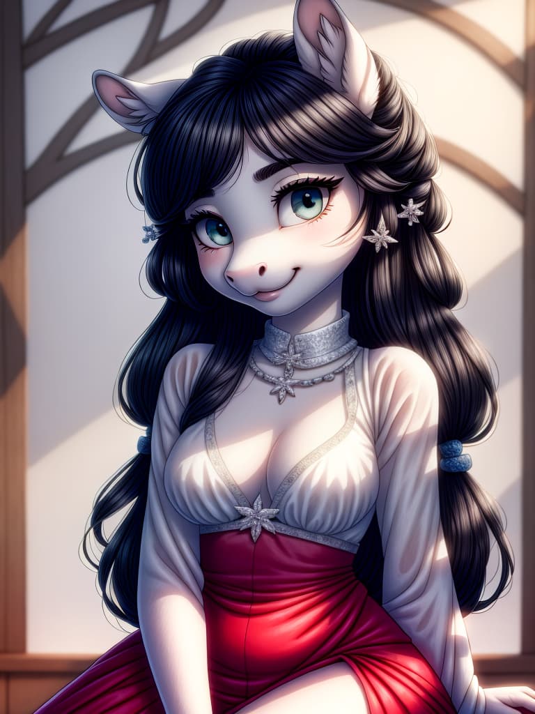  by Hioshiru, best quality, masterpiece, details, HDR, 4K, A female pony, female, (mammal, equine, equid), black hair, green eyes, detailed pupils, eyelashes, seductive eyes, perfect eyes, open eyes), anatomically correct, (red dress), front view, (A profil face of, smiling at viewer:1.2), (cute, smaller female:1.2), chubby, open eyes, masterpiece, 4k, fine details,