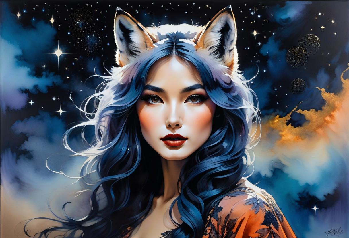  the painting is painted in ink, calligraphy in a modern style, double exposure where art nouveau is combined with post impressionism adding each other as if one whole, highly detailed, the face of a young fox girl against the background of a galaxy, a half turn of the face, a mysterious look, parted lips, a sweet smile, hyperrealistic, full body, detailed clothing, highly detailed, cinematic lighting, stunningly beautiful, intricate, sharp focus, f/1. 8, 85mm, (centered image composition), (professionally color graded), ((bright soft diffused light)), volumetric fog, trending on instagram, trending on tumblr, HDR 4K, 8K