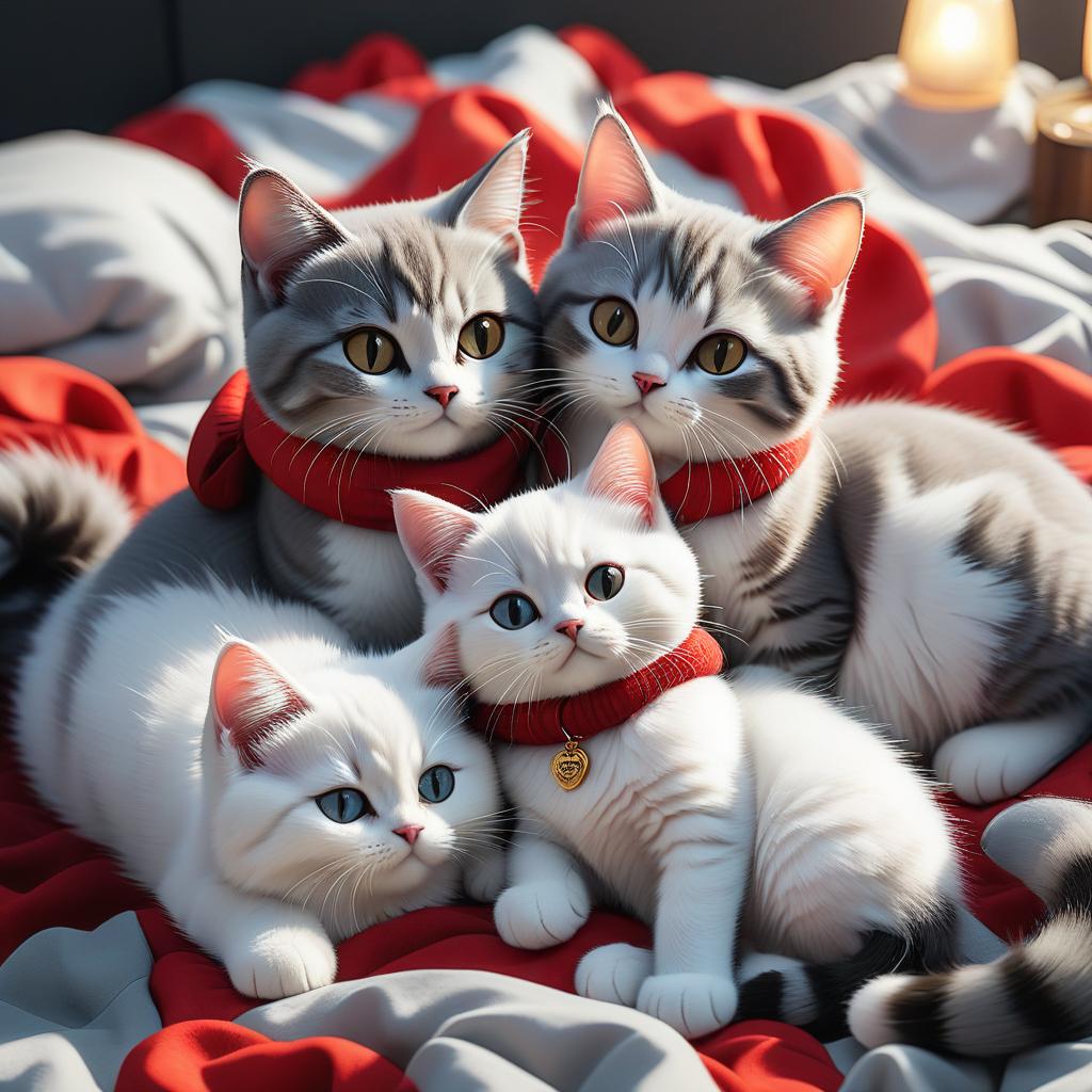  three cartoon cats of white, red and gray color lying on top of each other, sticker hyperrealistic, full body, detailed clothing, highly detailed, cinematic lighting, stunningly beautiful, intricate, sharp focus, f/1. 8, 85mm, (centered image composition), (professionally color graded), ((bright soft diffused light)), volumetric fog, trending on instagram, trending on tumblr, HDR 4K, 8K