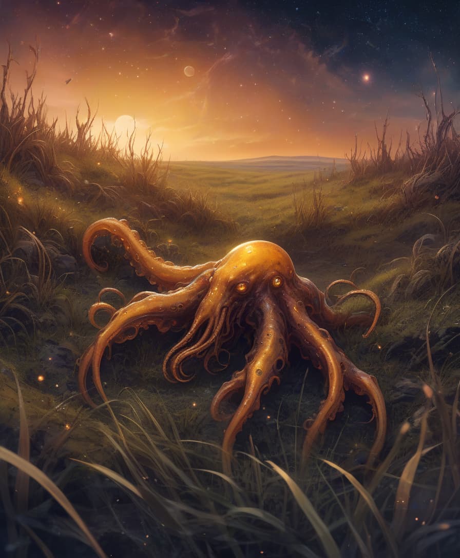  lovecraftian horror amber lies in the grass, an endless wasteland. starry sky . eldritch, cosmic horror, unknown, mysterious, surreal, highly detailed