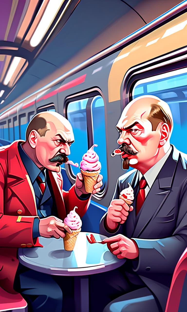  fighting game style stalin and vladimir ilyich lenin eat ice cream on the train. . dynamic, vibrant, action packed, detailed character design, reminiscent of fighting video games