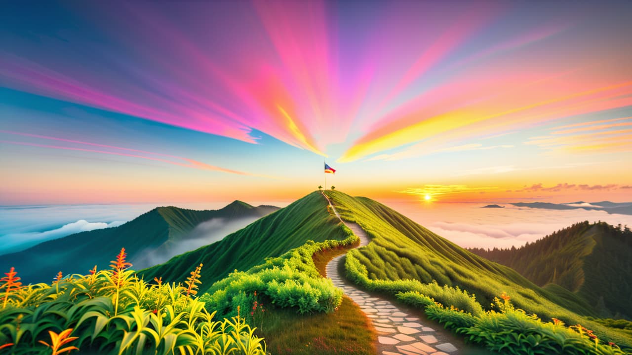  a serene sunrise over a mountain peak, with a winding path leading up, dotted with colorful flags representing various goals, surrounded by lush greenery, symbolizing determination and the journey towards success. hyperrealistic, full body, detailed clothing, highly detailed, cinematic lighting, stunningly beautiful, intricate, sharp focus, f/1. 8, 85mm, (centered image composition), (professionally color graded), ((bright soft diffused light)), volumetric fog, trending on instagram, trending on tumblr, HDR 4K, 8K