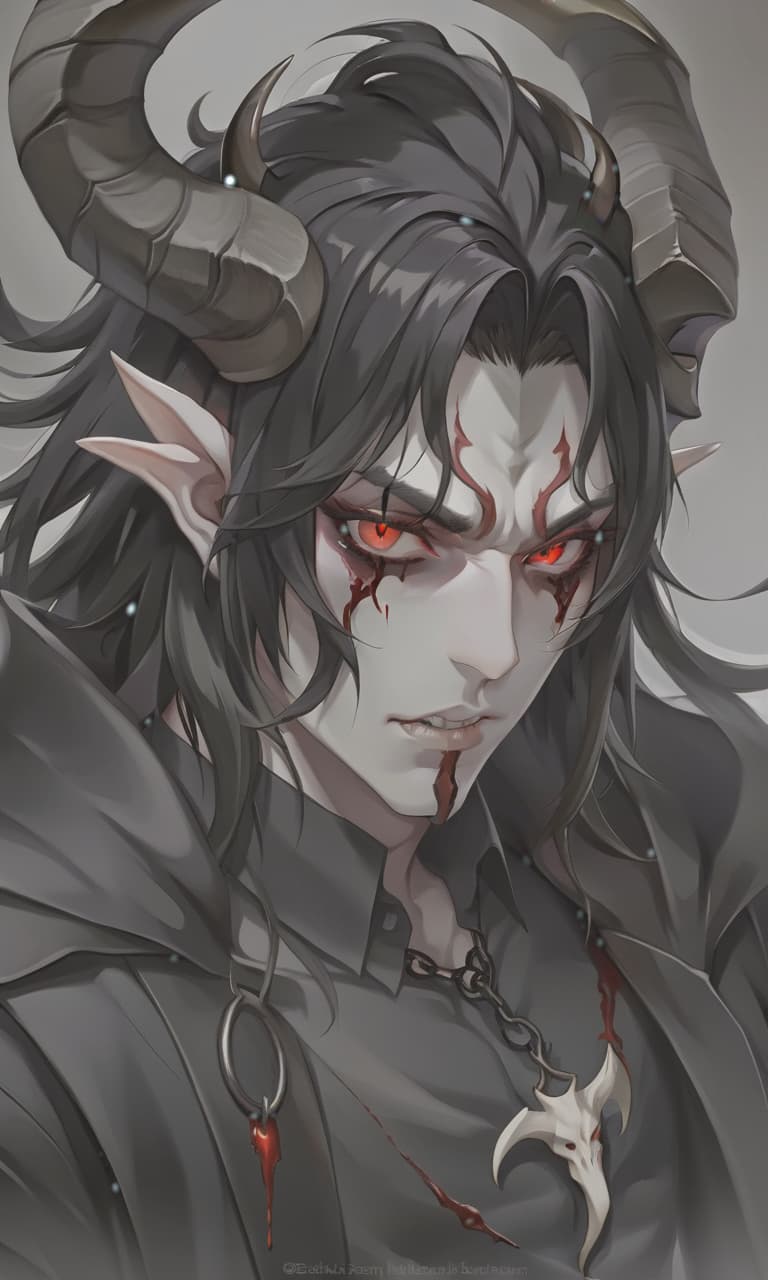  man demon, white skin, blood red eyes, black hair, white horns, black clothes