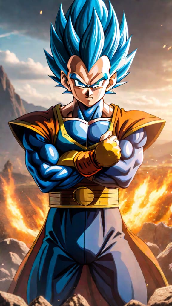  an anime image of vegeta in ultra ego form, embracing chaos and growing stronger with each hit. hyperrealistic, full body, detailed clothing, highly detailed, cinematic lighting, stunningly beautiful, intricate, sharp focus, f/1. 8, 85mm, (centered image composition), (professionally color graded), ((bright soft diffused light)), volumetric fog, trending on instagram, trending on tumblr, HDR 4K, 8K