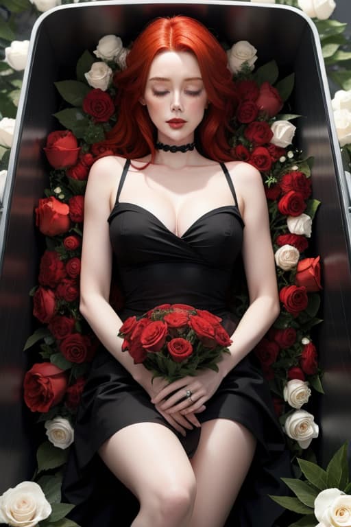  Amber Heard pale skin ((bright red hair)) Black dress in a coffin, eyes closed, beautiful, white and black flowers