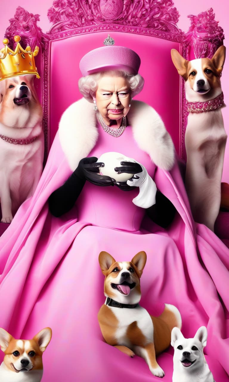  color pink, white, black, on a chic throne sits the queen of england elizoveta ii, her crown of burgerking, pink beautiful dress, in her hands she holds an incredibly juicy burger, next to her sit corgis