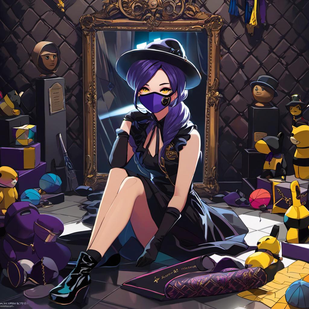  masked doll with aliquin outfit purple and yellow with black sitting in a dark mirror room sitting on the floor holding a tall hat with stitches on it broken toys everywhere on the floor, award winning, professional, highly detailed, masterpiece