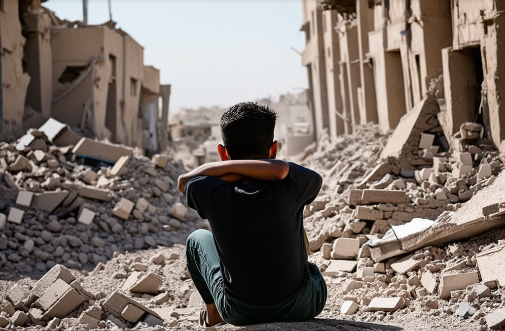  professional detailed photography, palestinian boy sits with his back on the rubble of houses after the bombing ar 3:2, (muted colors, dim colors, soothing tones), (vsco:0.3)