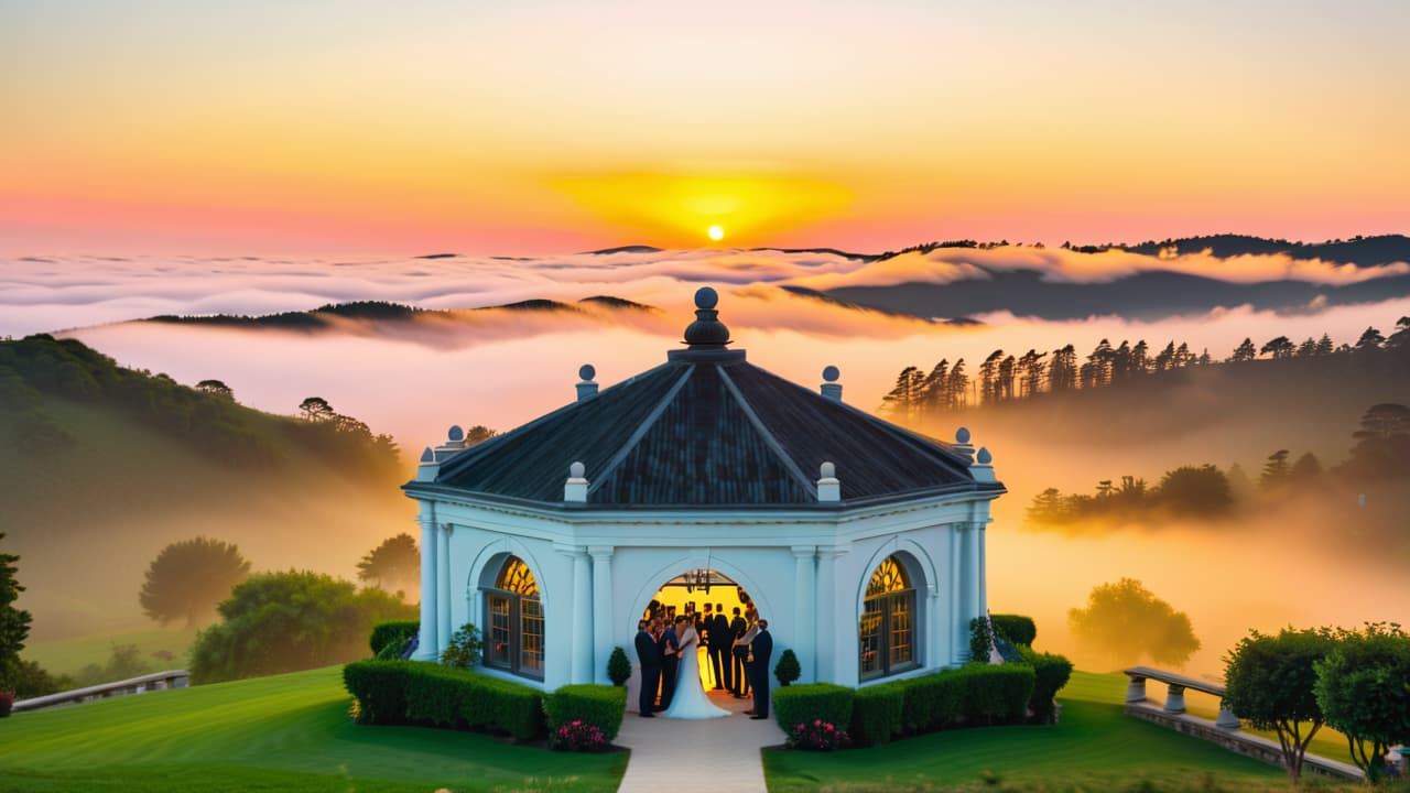  a stunning aerial view of a vibrant wedding venue captured by a drone, showcasing a beautifully decorated outdoor setting, guests mingling, and a scenic landscape, highlighting the potential of drone photography in event planning. hyperrealistic, full body, detailed clothing, highly detailed, cinematic lighting, stunningly beautiful, intricate, sharp focus, f/1. 8, 85mm, (centered image composition), (professionally color graded), ((bright soft diffused light)), volumetric fog, trending on instagram, trending on tumblr, HDR 4K, 8K