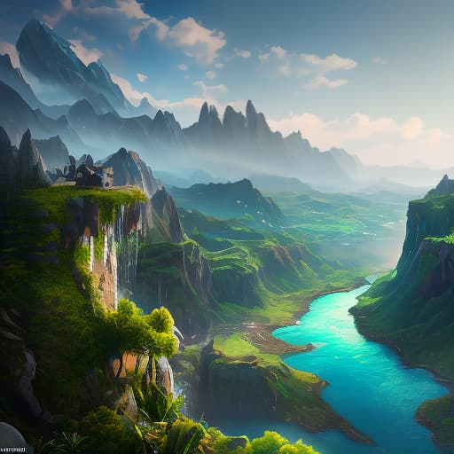  Create a painting of a panoramic view. Beautiful landscape of mountains, blue sky with drifting clouds, below a green valley with a pretty blue lake in the foreground. In the center, a large, gray and handsome wolf and a waterfall that appears like a wolf's head emerging from the rock., birds in the sky, waterfall close shot 35 mm, realism, octane render, 8 k, exploration, cinematic, trending on artstation, 35 mm camera, unreal engine, hyper detailed, photo realistic maximum detail, volumetric light, moody cinematic epic concept art, realistic matte painting, hyper photorealistic, epic, trending on artstation, movie concept art, cinematic composition, ultra detailed, realistic hyperrealistic, full body, detailed clothing, highly detailed, cinematic lighting, stunningly beautiful, intricate, sharp focus, f/1. 8, 85mm, (centered image composition), (professionally color graded), ((bright soft diffused light)), volumetric fog, trending on instagram, trending on tumblr, HDR 4K, 8K