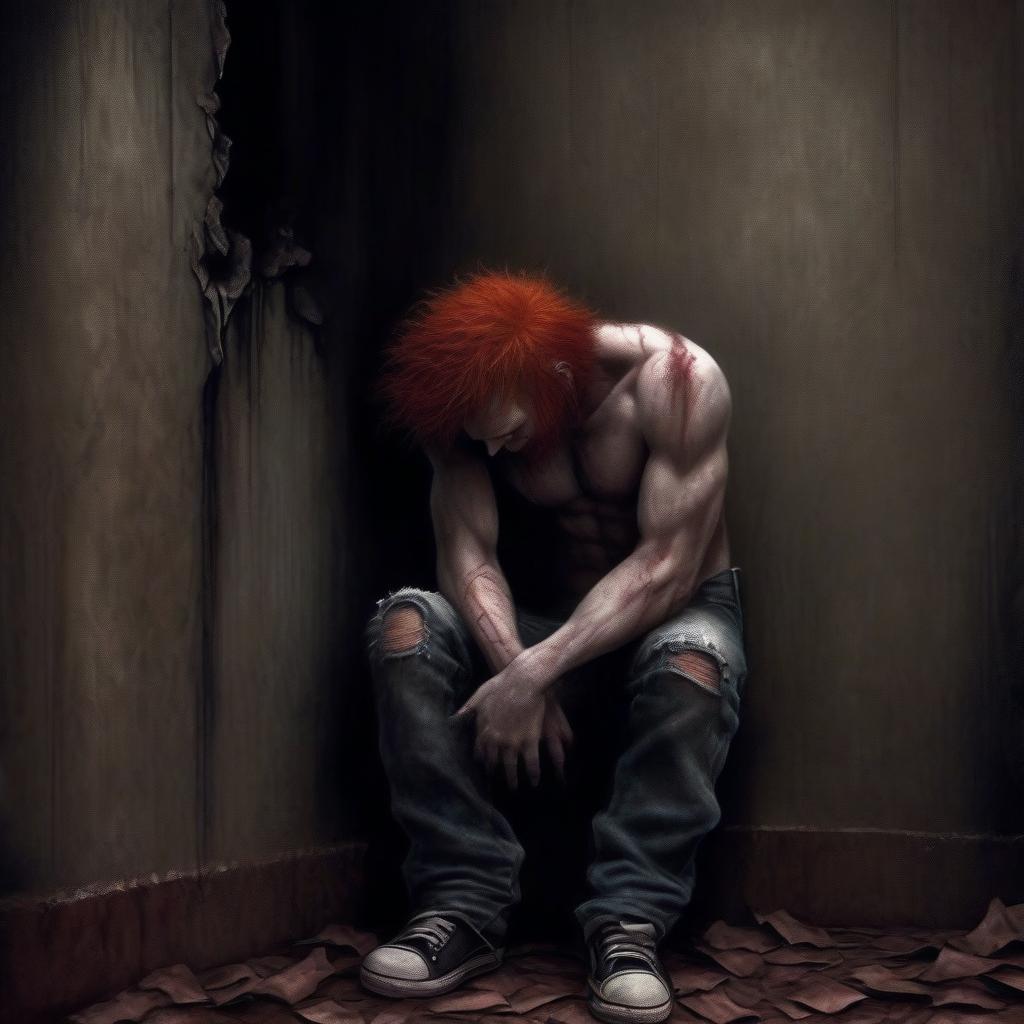  horror themed a red haired of 1 wearing ripped jeans and no shirt. he stands full length with his eyes closed and his head down, clasping his hands to his , leaning against a dark riddled wall. it's overcast. . eerie, unsettling, dark, spooky, suspenseful, grim, highly detailed