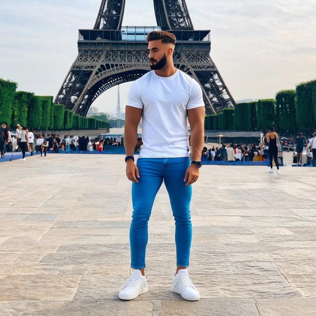  a person in casual clothing standing in front of the eiffel tower. describe the outfit in detail: a white t shirt, blue jeans, and white sneakers.