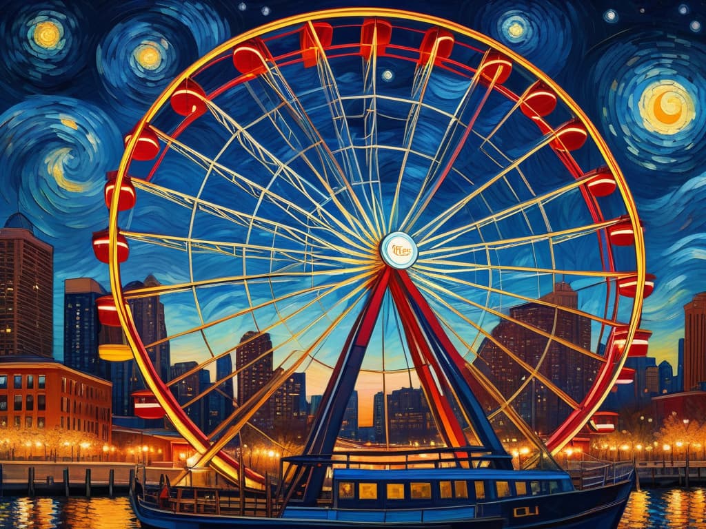  concept art chicago’s centennial ferris wheel, chicago’s navy pier, van gogh's starry starry night with colorful red and orange swirls in the beautiful night sky, chicago skyline with colorful van gogh swirls in the sky, hyper realistic, chicago skyline, mesmerizing, intricate details, flambient golden and red sunrise, dramatic lighting, epic composition, wide angle, cinematic, masterpiece, high resolution, sharp details, best quality, 4k, raw photo, van gogh influence, studio lighting, impressionist, bold colors, starry sky, architectural elements, medium format lens, high angle, cityscape, city life, metropolitan, van gogh's brushstrokes, van gogh's shadows, van gogh's colors, van gogh's textures, nighttime, city scene, streets, night