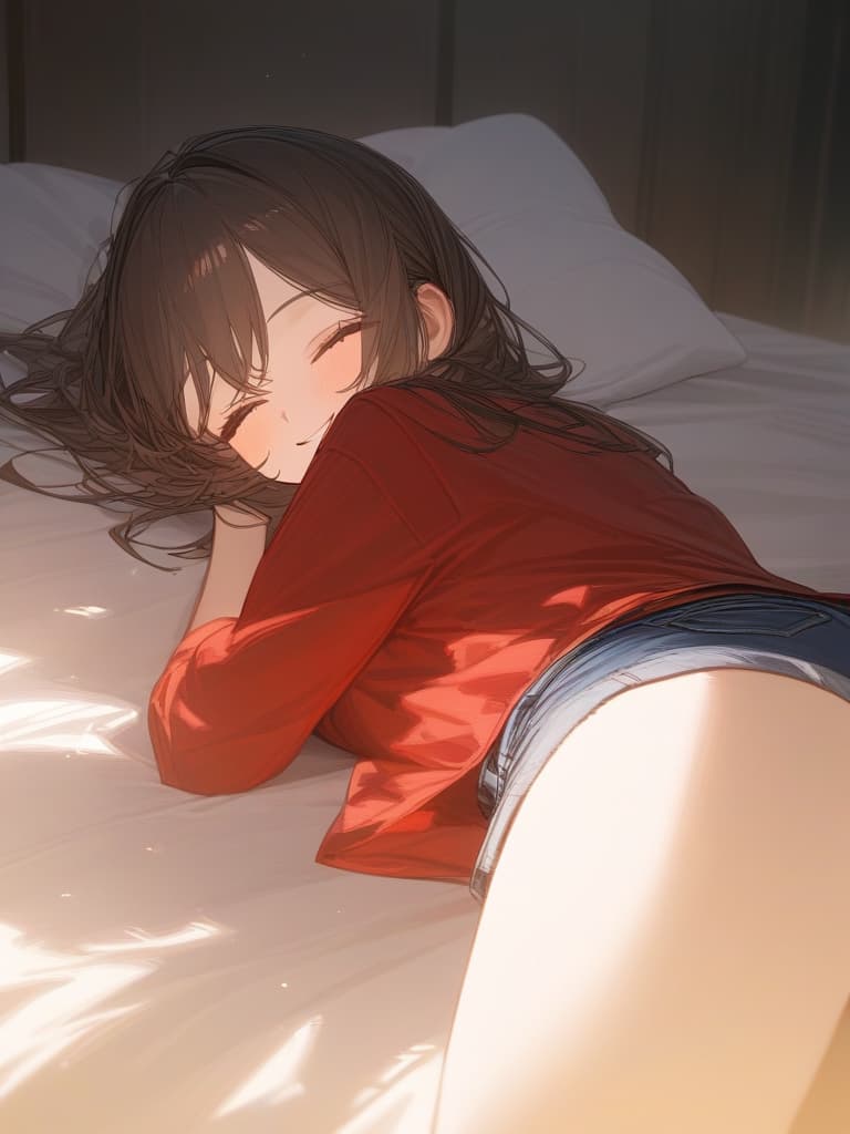  sleep on brown haired girls, smiles, red t shirts, denim shorts, beds, masterpiece, best quality,8k,ultra detailed,high resolution,an extremely delicate and beautiful,hyper detail