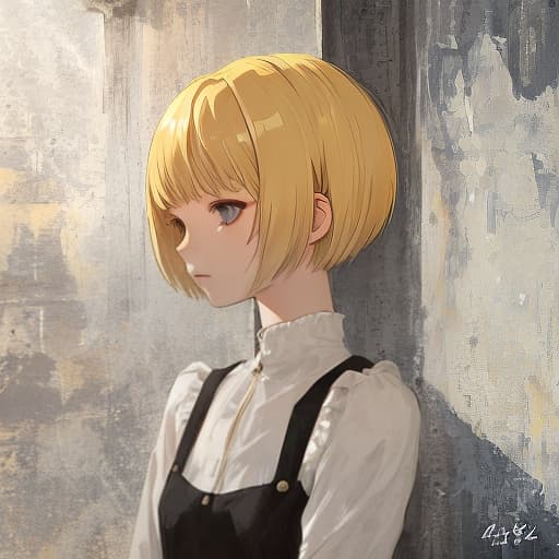  a girl with blonde hair and a short haircut, with her head turned