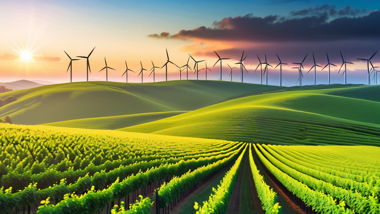  a vibrant landscape featuring solar panels glistening under a bright sun, wind turbines gracefully spinning on rolling hills, and a lush green forest, symbolizing harmony between technology and nature in renewable energy. hyperrealistic, full body, detailed clothing, highly detailed, cinematic lighting, stunningly beautiful, intricate, sharp focus, f/1. 8, 85mm, (centered image composition), (professionally color graded), ((bright soft diffused light)), volumetric fog, trending on instagram, trending on tumblr, HDR 4K, 8K