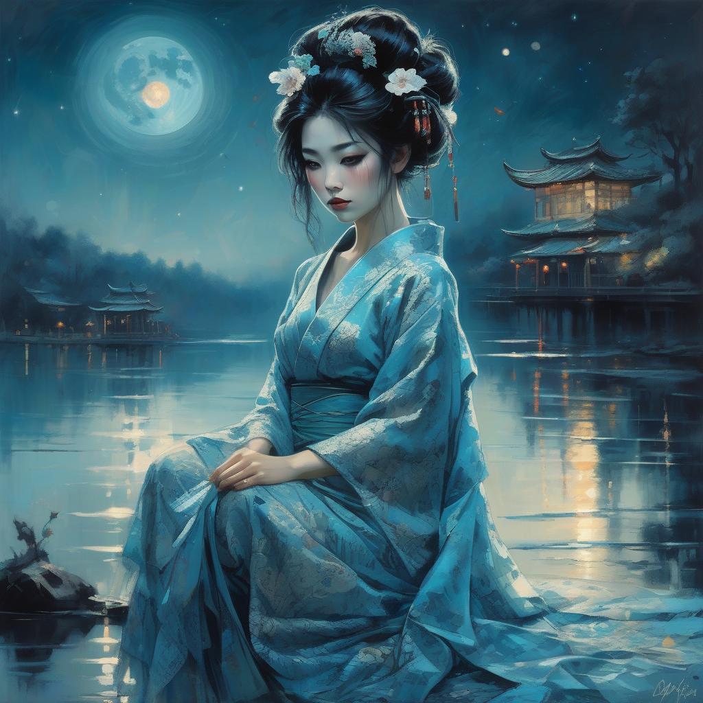  beautiful geisha in a blue turquoise and intricate motifs lace dress watching the fullmoon night starry sky by the lake, dark hair, dark fantasy, intricate details, hyper detailed, jean baptiste monge, carne griffiths, michael garmash, seb mckinnon, masterpiece, sunshine