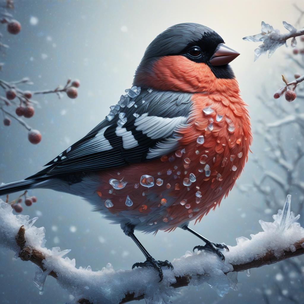  surreal art depicting a phantasmagoric bullfinch made of ice crystals sitting on a branch against a backdrop of snowfall. by kim jung gi, intricate details, vibrant colors, cinematic lights and shadows, epic realistic, 8k, hdr, best quality masterpiece.