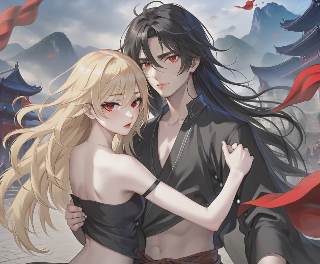  breathtaking realistic photo, two people, a character from the novel “system save yourself for the main hero”, lo binghe, a young man in black. long black hair to the waist, red eyes, demonic mark on the forehead, next to him a girl is blonde, blonde hair to the shoulder blades, european face type, light skin, blue eyes, plump lips, small tummy at the bottom at the waist naked . award winning, professional, highly detailed, hkmagic