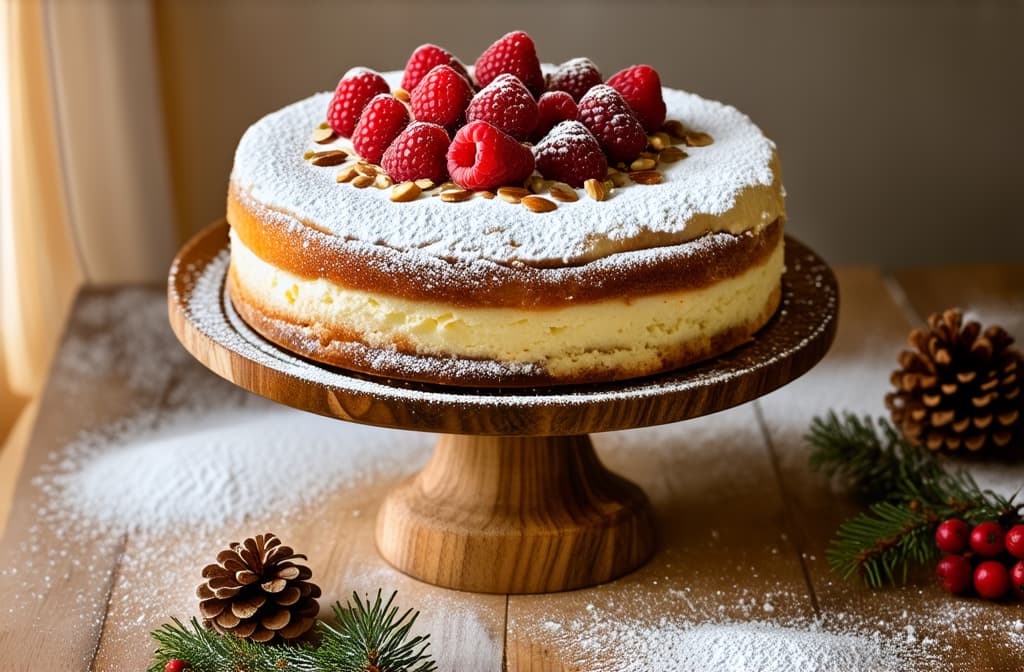  professional detailed photography, white christmas cake with raspberries on top and crushed nuts on the ends in powdered sugar on a wooden stand and a table strewn with powdered sugar, red berries and pine cones with sun glare ar 3:2, (muted colors, dim colors, soothing tones), (vsco:0.3)