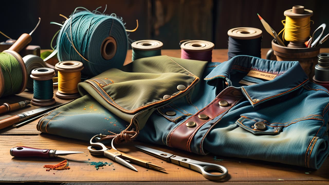  a close up of frayed denim, faded velvet, and scuffed leather, surrounded by vintage sewing tools, paint splatters, and patches, all set on a rustic wooden table illuminated by warm, soft lighting. hyperrealistic, full body, detailed clothing, highly detailed, cinematic lighting, stunningly beautiful, intricate, sharp focus, f/1. 8, 85mm, (centered image composition), (professionally color graded), ((bright soft diffused light)), volumetric fog, trending on instagram, trending on tumblr, HDR 4K, 8K