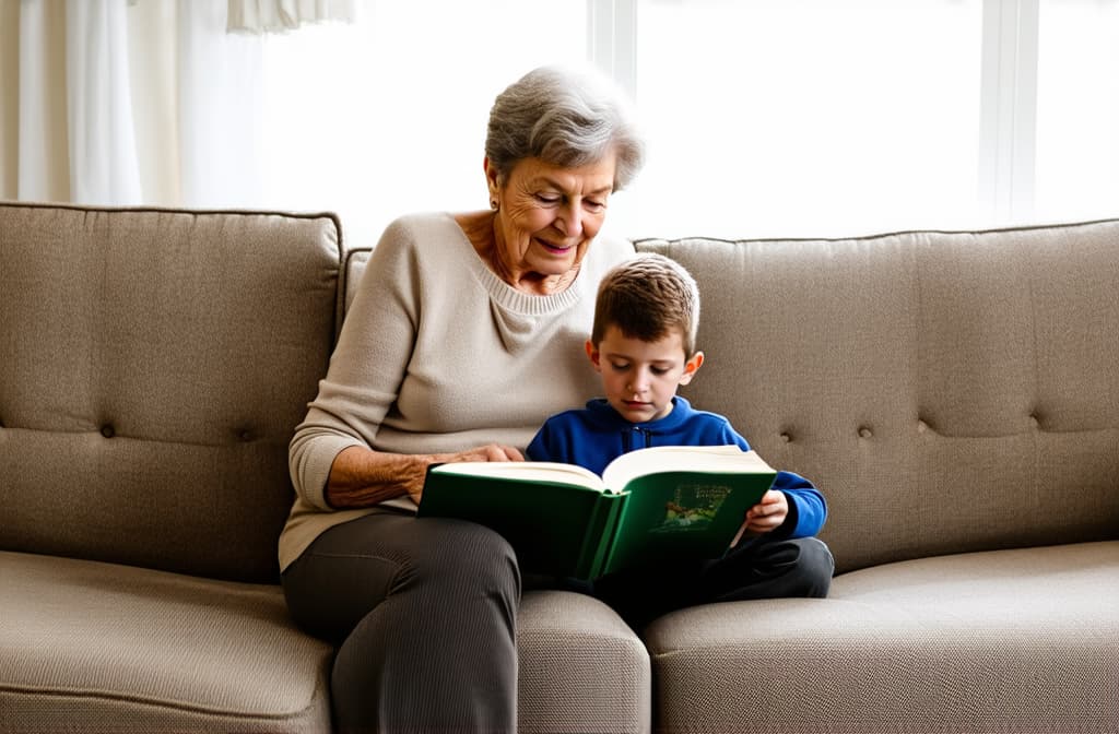  professional detailed photography, grandmother reading a book to her grandson while sitting on the sofa in a bright room ar 3:2, (muted colors, dim colors, soothing tones), (vsco:0.3)