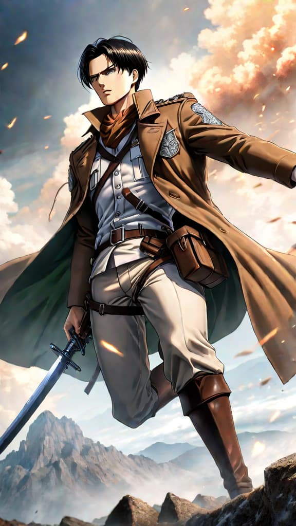  anime art of levi ackerman from attack on titan showcasing his tactical genius in battle. hyperrealistic, full body, detailed clothing, highly detailed, cinematic lighting, stunningly beautiful, intricate, sharp focus, f/1. 8, 85mm, (centered image composition), (professionally color graded), ((bright soft diffused light)), volumetric fog, trending on instagram, trending on tumblr, HDR 4K, 8K