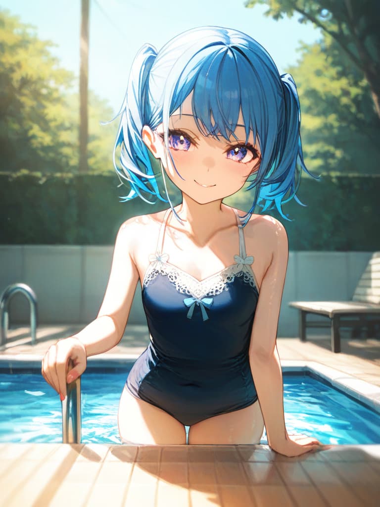  twin tails, blue hair, , infant body, swimwear, pool, gles s, gles s, smiles, ren wearing gles, masterpiece, best quality,8k,ultra detailed,high resolution,an extremely delicate and beautiful,hyper detail