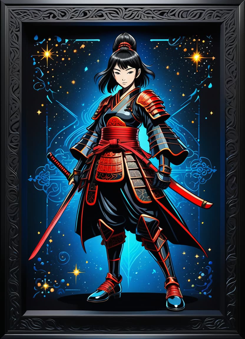  a humorous illustration. bright colors, cartoon style. on the black background, shiny contours outlines of silhouette of a japanese samurai girl in black samurai armor, in full length, in patent leather black shoes, made of blue star and red comet, frame with intricate thin ornamentation from comet, stars and cosmic dust: (thin: 1,4) lines ,