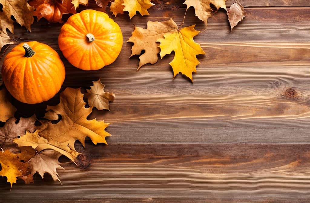  professional detailed photography, autumn themed arrangement of pumpkins and leaves on a wooden surface ar 3:2, (muted colors, dim colors, soothing tones), (vsco:0.3)