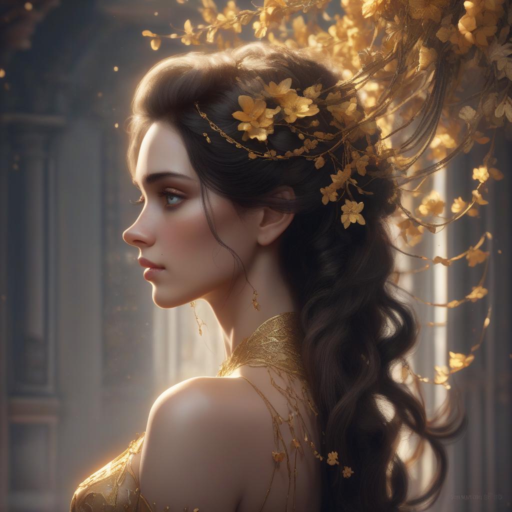  sleek, porcelain skinned woman in profile gazing upward, rich dark tresses cascade down her back, adorned with delicate golden flowers intertwined with strands, soft warm light dances across her face. sumptuous velvety textures, and ethereal atmospheric effects like those seen in 8k resolution, trending pieces on artstation, influenced by the stunningly detailed digital illustrations of anna dittmann, with the rich colors and intricate patterns reminiscent of unreal engine 5 concept art.