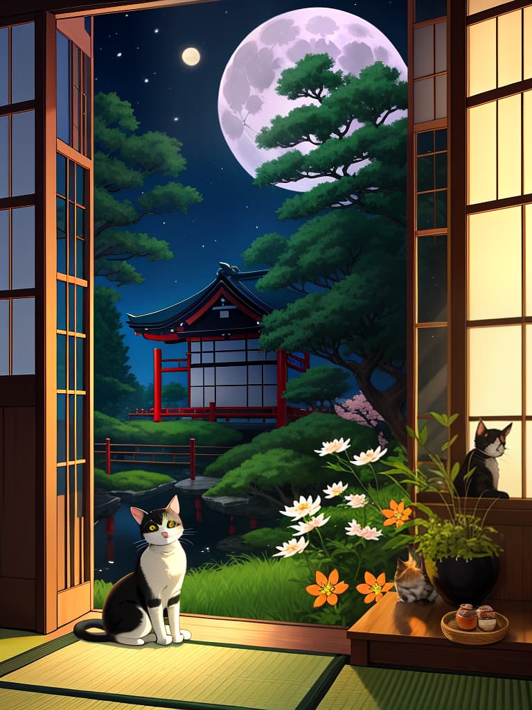  1cat ,japanese cat,nature,animal focus,looking outside from the japanese style room,cosmos field ,cat sitting on the porch ,full moon night,