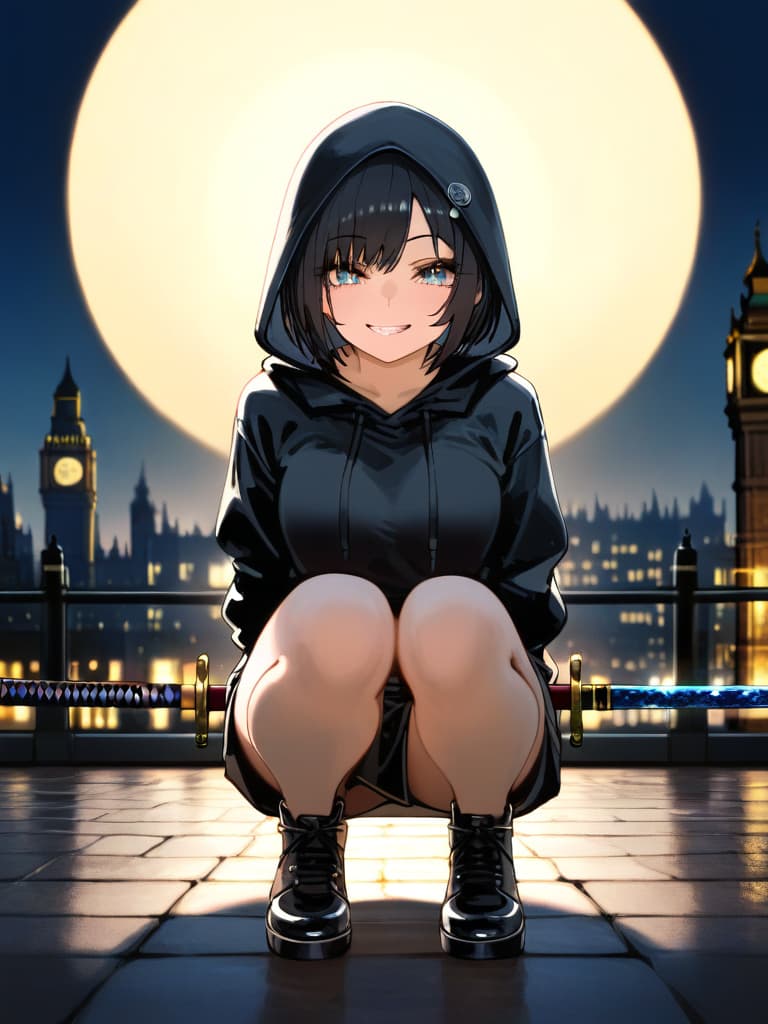  ultra detailed:1.2,masterpiece:1.2,best quality,masterpiece,bestquality,hdr:1.1,8k:1.1,very cute girl:1.3,((wearing a black hooded sweatshirt:1.8)),black shorts,black tights,and long boots,((with a japanese sword at her waist:1.8)),(((crouched atop a london bigben:1.5))),gazing into the distance,with an ominous grin on her face,set against a night sky with a huge moon and no stars,(overlooking the scattered lights of an ancient london town),(black hair,bob cut:1.4),((black ninja dress:1.5)),(seductive smile,grin:1.5),(full body,face focus:1.8)