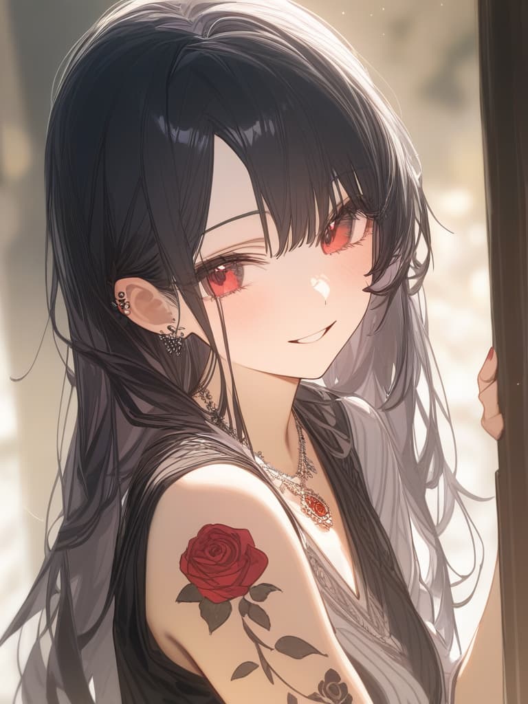  long hair, black hair, hair tips are pink, red eyes, hanging, bangs, and length of bangs, adults, adult faces, piercings, necklaces, hair are light pink and black, thin makeup on the arm. there is a rose tattoo, a rose tattoo on your arm, smiling, masterpiece, best quality,8k,ultra detailed,high resolution,an extremely delicate and beautiful,hyper detail