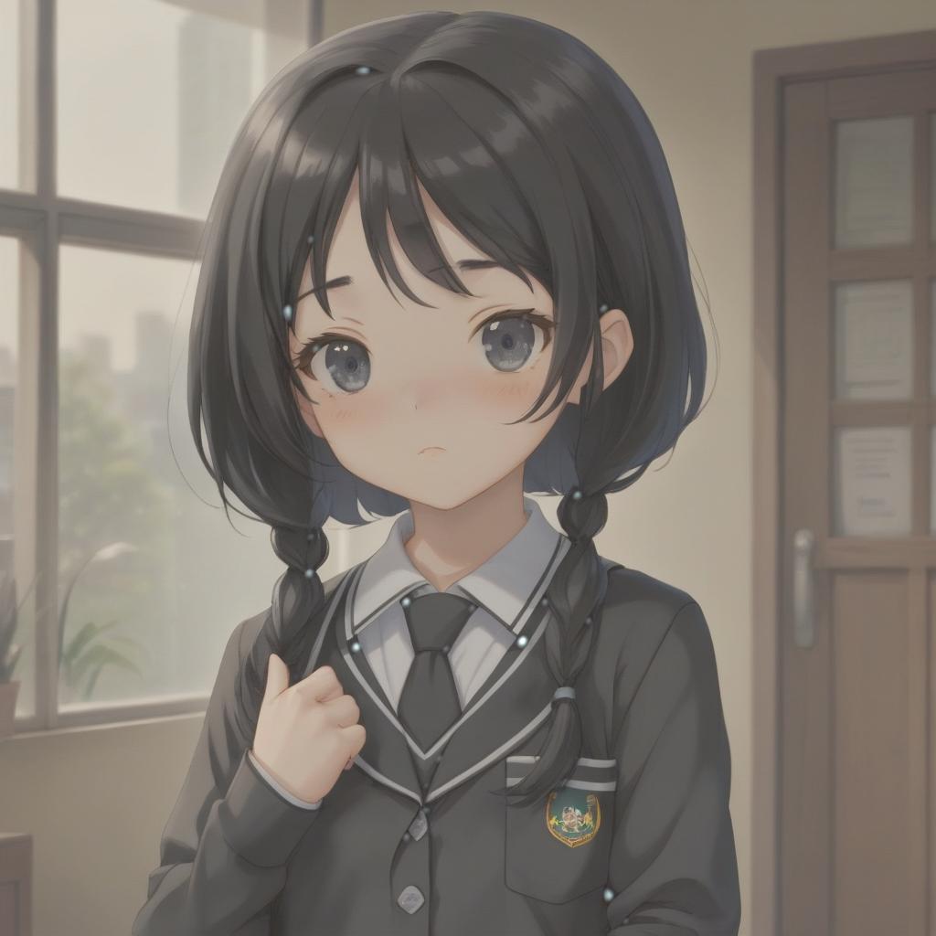  girl with black hair in black school uniform