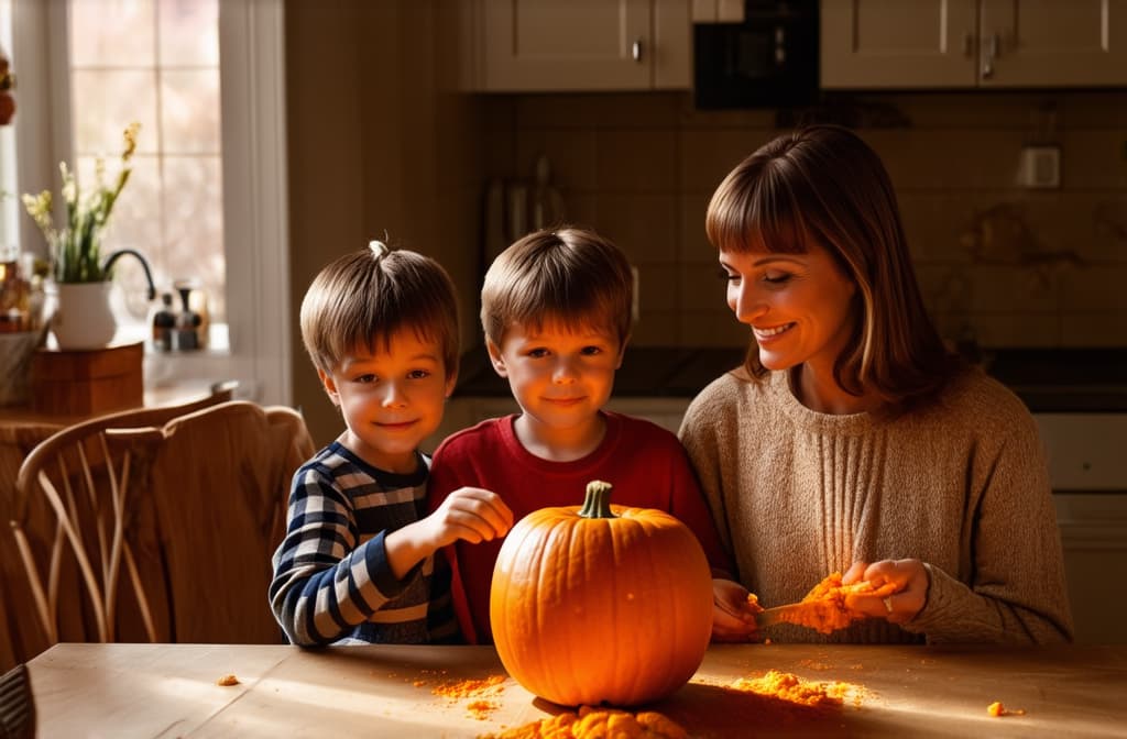  cinematic film style, mother with two children carving pumpkin pulp for halloween, sitting at table in cozy kitchen ar 3:2, shallow depth of field, vignette, maximum details, high budget hollywood movie, bokeh, cinemascope, moody, epic, gorgeous, sun rays and shadows on furniture and surfaces, flattering light, raw photo, photography, photorealistic, 8k resolution, f1.4, sharpened focus, sharp focus