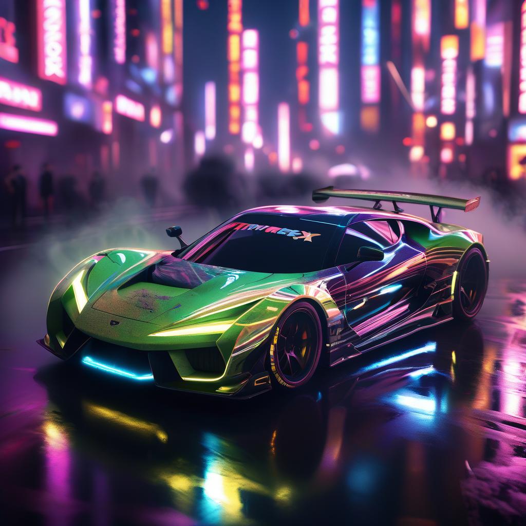  hyperrealistic art sport car text: flowrex tokyo drift funk . extremely high resolution details, photographic, realism pushed to extreme, fine texture, incredibly lifelike, glowneon, text